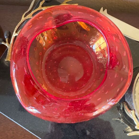 Vintage MCM Modern Murano Glass with Bullicante Bubbles Persimmon Bowl Art - Picture 3 of 4